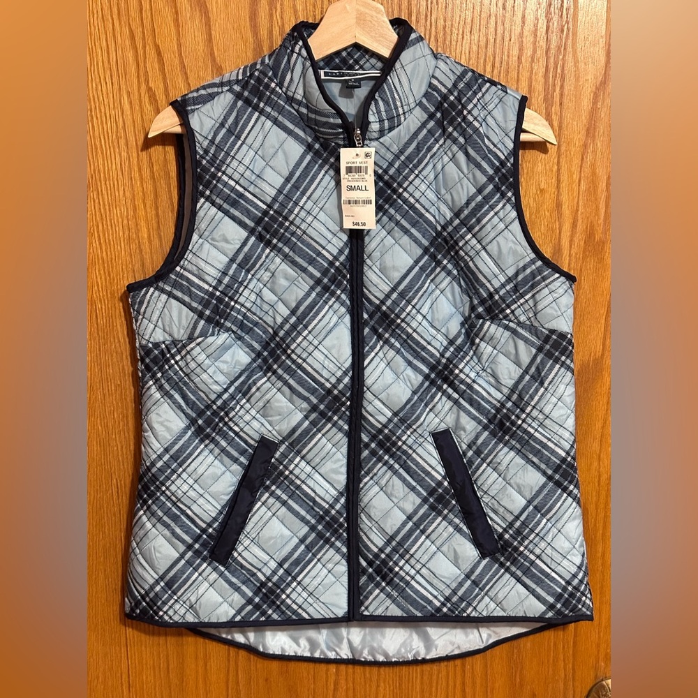 Karen Scott NWT Plaid Vest sz small Navy and Light‎ Gray quilted